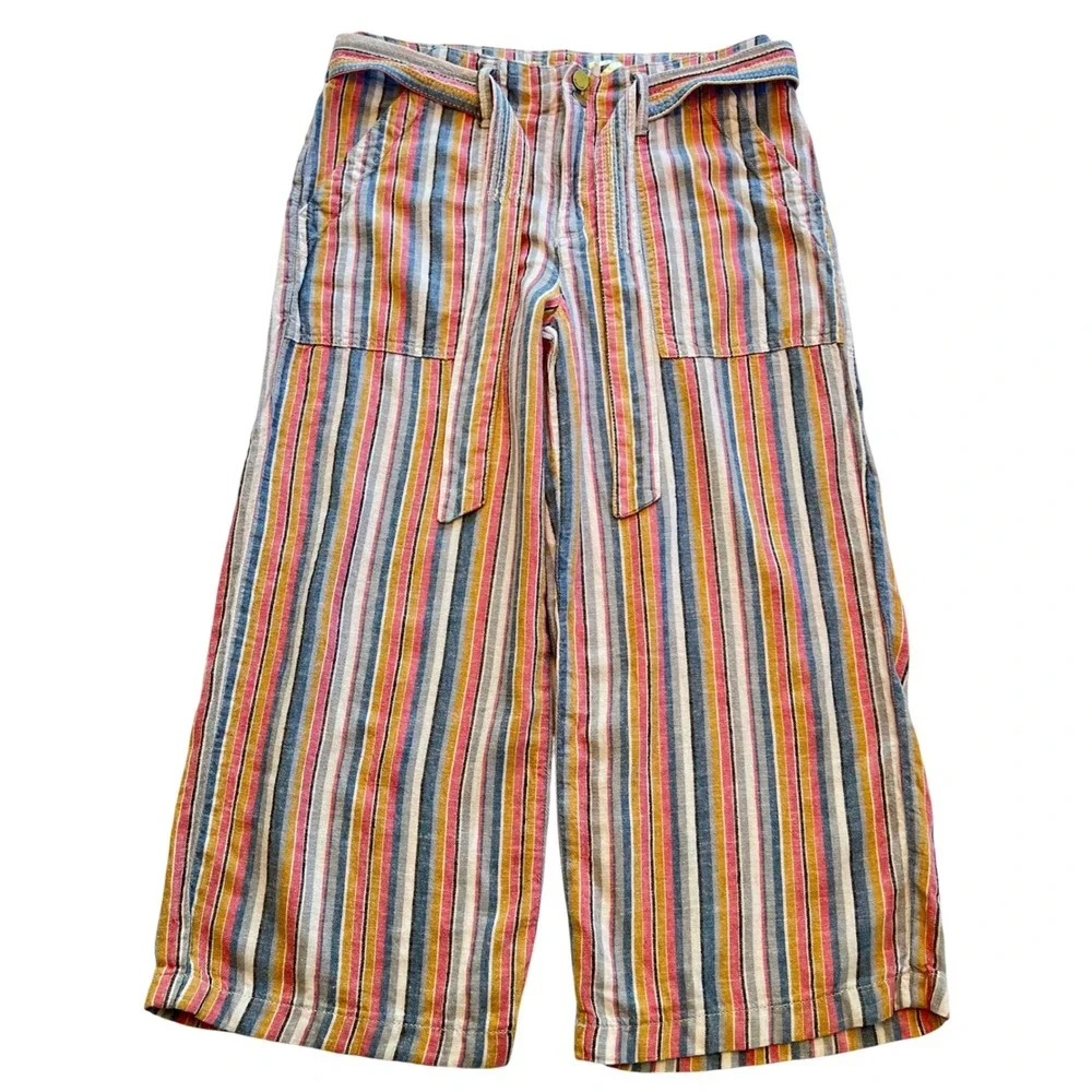 Seven7 Multi Color Striped Wide Leg High Rise Linen Blend Pants Size 6